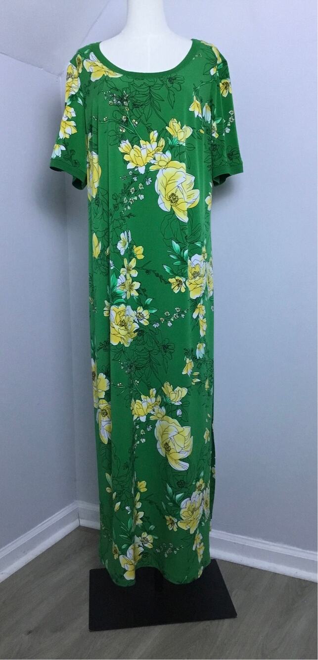 GILI Maxi Dress Green Yellow Floral Side Slit Stretch Casual Boho Plus 1X
